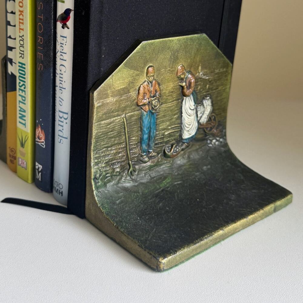 Antique Vintage K&O Angelus Call To Prayer Polychrome Bronze Bookends